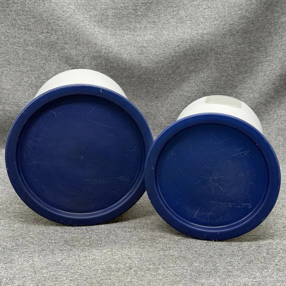 2pc Tupperware White Canisters Blue One Touch Lids Nesting Reminder Window USA